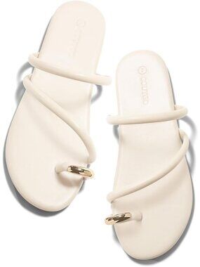 Women's Beige Strappy Flats Square Open Toe Slides Toe Ring Summer Dress Shoes